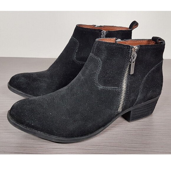 Lucky Brand Beniee Bootie Black Suede Dual Zip Womens Size 8.5 / 38.5 - Picture 1 of 6
